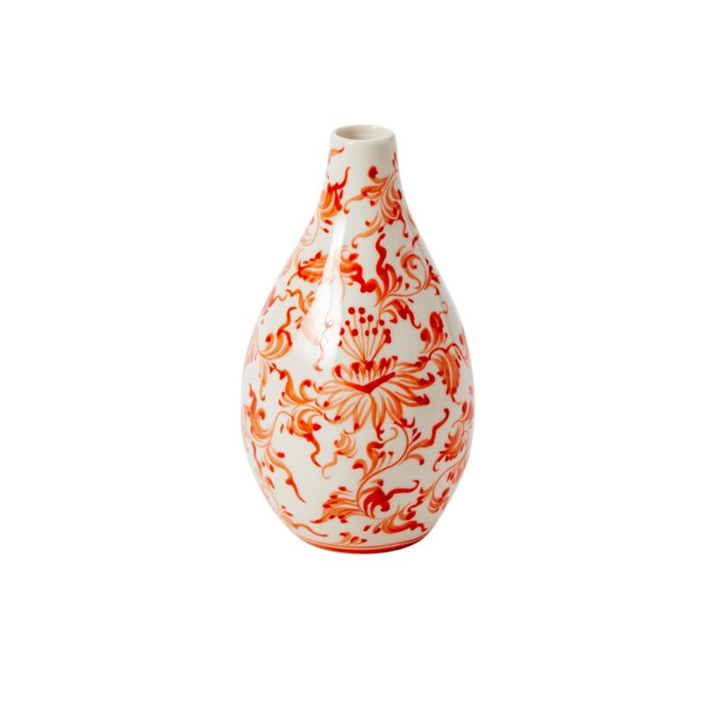 The Hand Painted  Coral Chinoiserie Vase - Teardrop Shaped