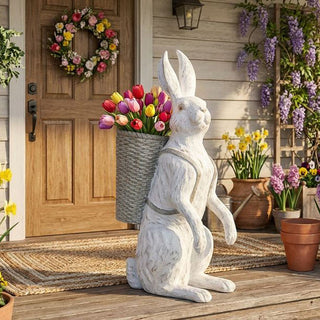 36" Whitewashed Resin Bunny With Basket - Choose Size