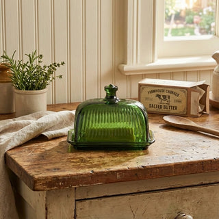 Pressed Ribbed Green Glass Butter Dish