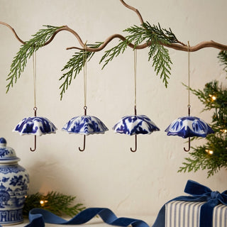 Set of 4 Blue & White Chinoiserie Umbrella Ornaments