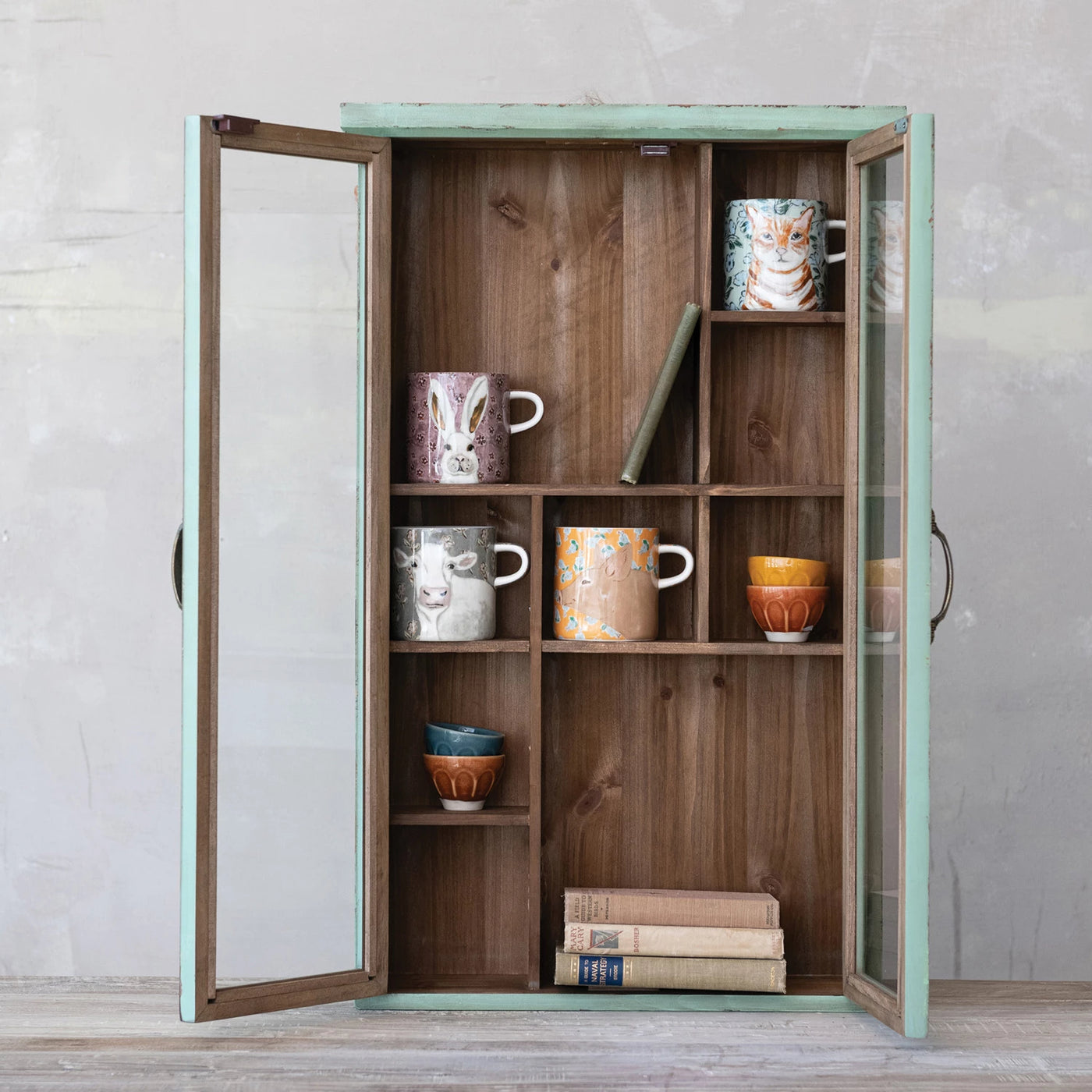 Wood & Glass Cabinet with Brass Finish Pulls (Hangs or Sits)