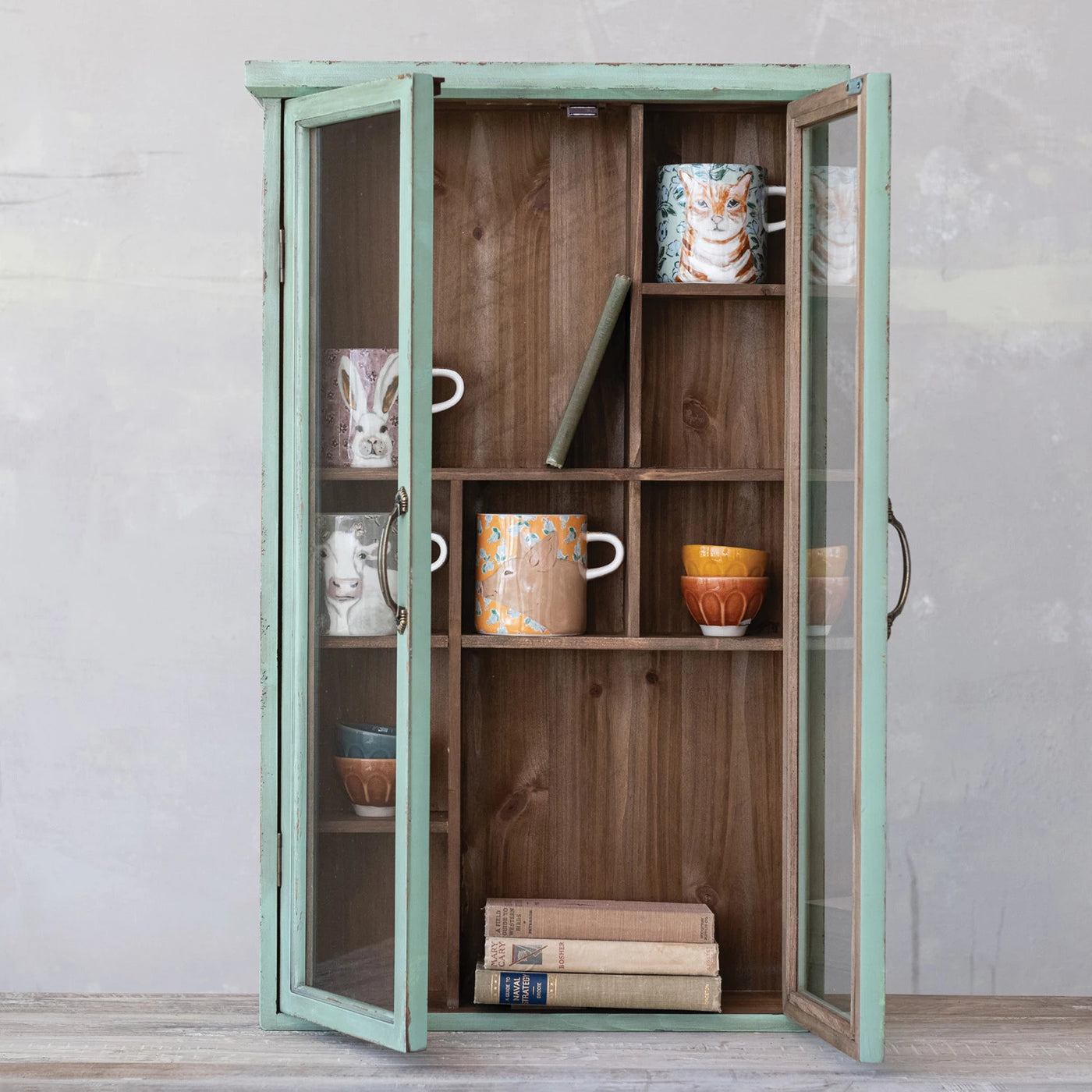 Wood & Glass Cabinet with Brass Finish Pulls (Hangs or Sits)