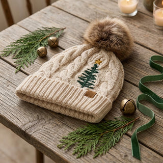 Beige Cable Knit Faux Fur Pom Pom Hat with Embroidered Tree