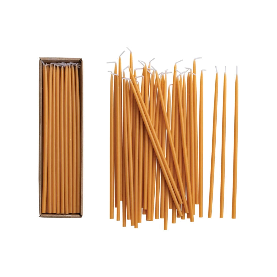 Set of 36 Unscented 1/4 Inch Thin Taper Candles in Box - Camel Color