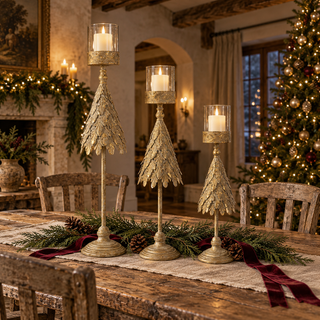 Gold Metal Tree Candleholder with Glass Hurricane