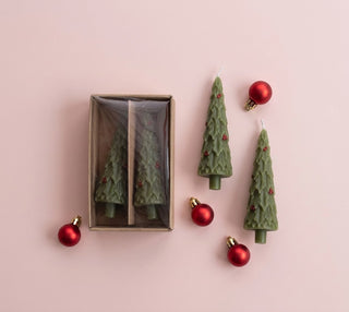 Unscented Holiday Tree Candles with Holly Berries - Set of 2