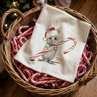Christmas Mouse with Candy Cane Flour Sack Tea Towel