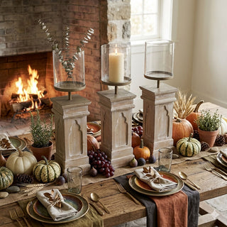 39.5" Whitewashed Wood Column with Glass Hurricane Candleholder