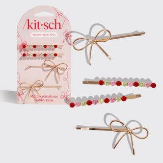 Kitsch Set of 4 Holiday Gemstone and Bow Bobby Pins