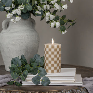 5" Taupe Checked 3D Flame Pillar Candle