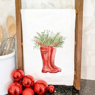 Cotton Tea Towel - Winter Rain Boots and Foliage