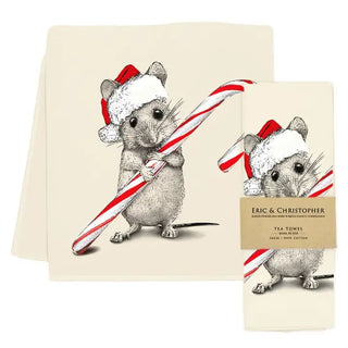 Christmas Mouse with Candy Cane Flour Sack Tea Towel