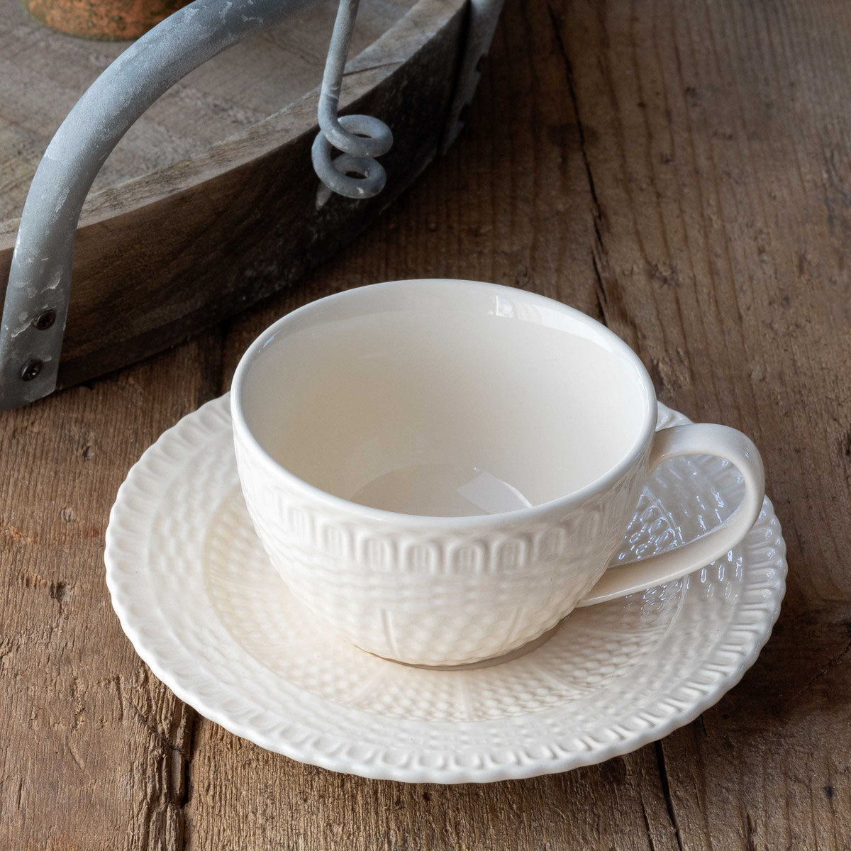 Creamware Basketweave Cup & Saucer Set