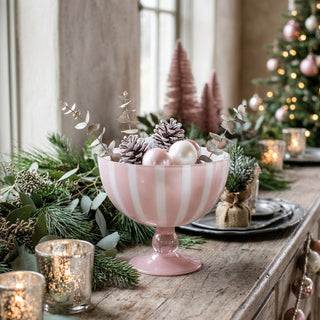 Pink and White Striped Glass Compote Bowl