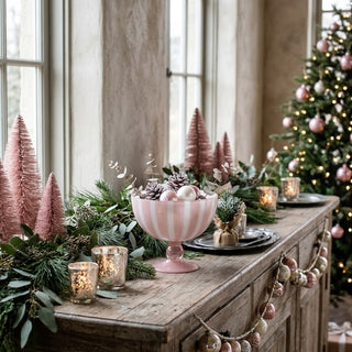 Pink and White Striped Glass Compote Bowl