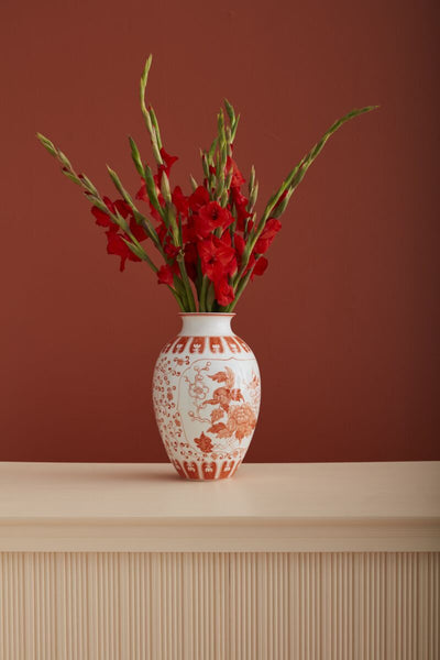 The Large Hand Painted Coral Chinoiserie Vase with Birds and Florals