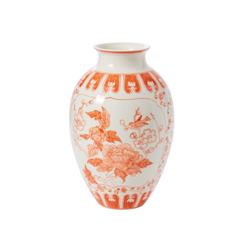 The Large Hand Painted Coral Chinoiserie Vase with Birds and Florals