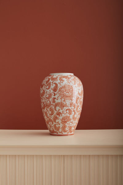 The Large Hand Painted Coral Chinoiserie Vase