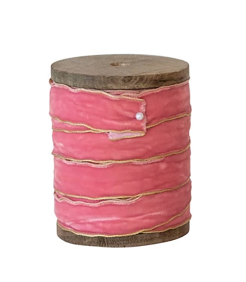 Wooden Spool with Velvet Ribbon - Choose From 3 Shades of Pink