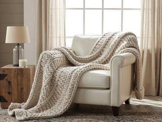 60" Hand Knit Braided Throw Blanket - Cream