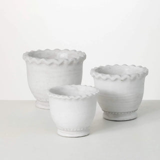 White Scalloped Edge Cement Flower Pot - Choose Size