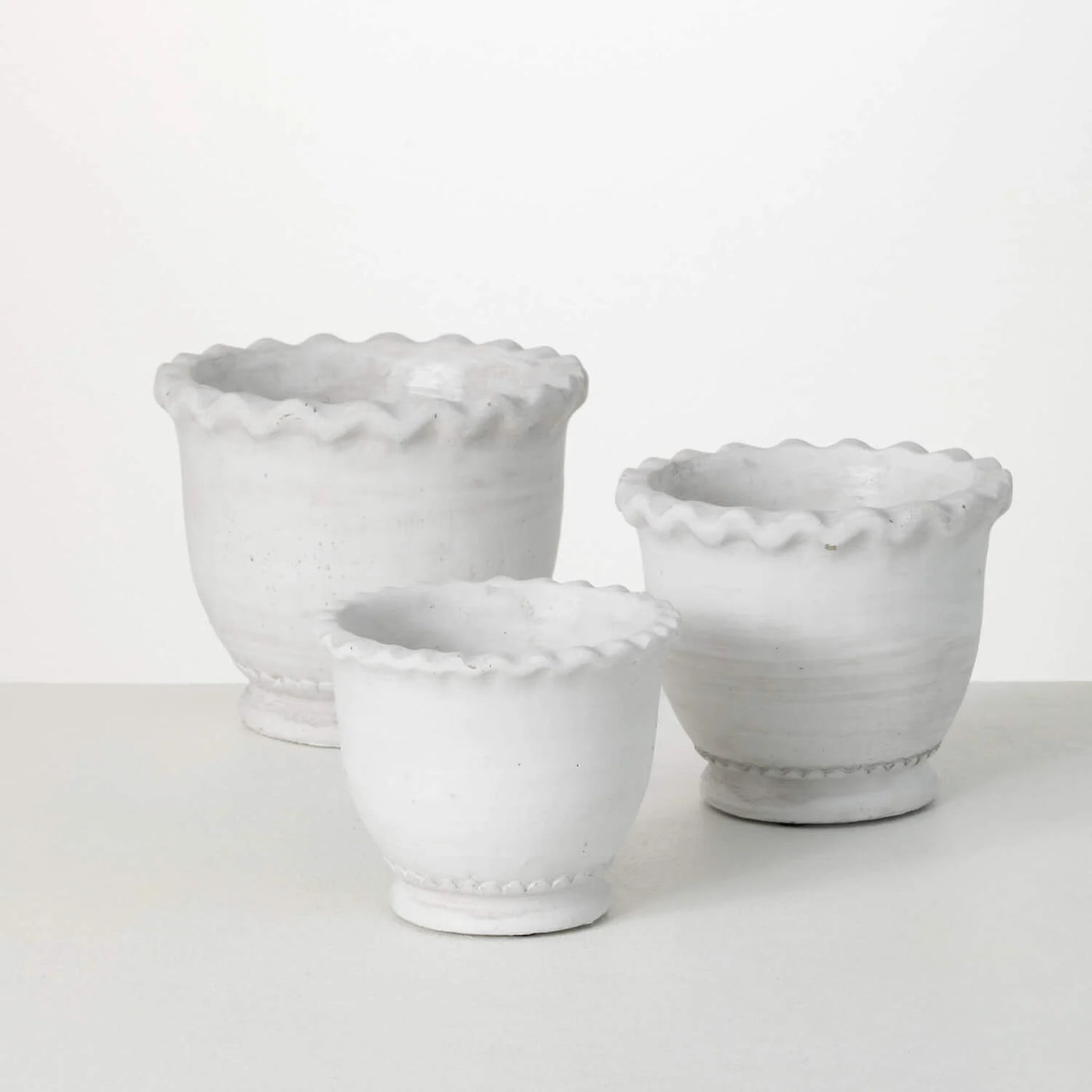 White Scalloped Edge Cement Flower Pot - Choose Size