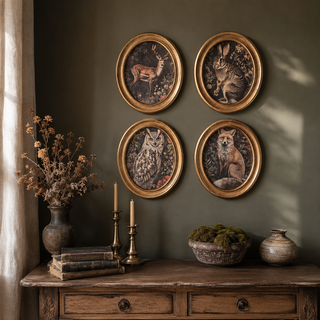 Round Gold Framed Forest Animal Print - Choose Style