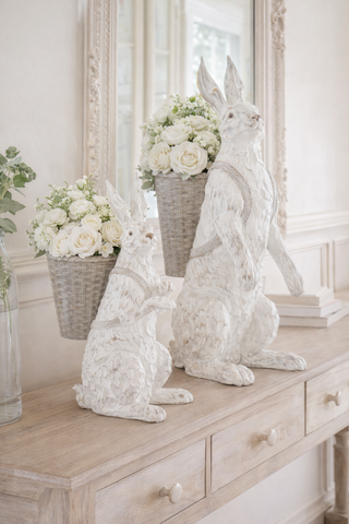 Whitewashed Resin Bunny With Basket - Choose Size