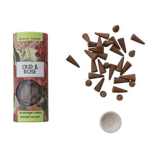30 Piece Oud & Rose Scented Incense Cones with Holder