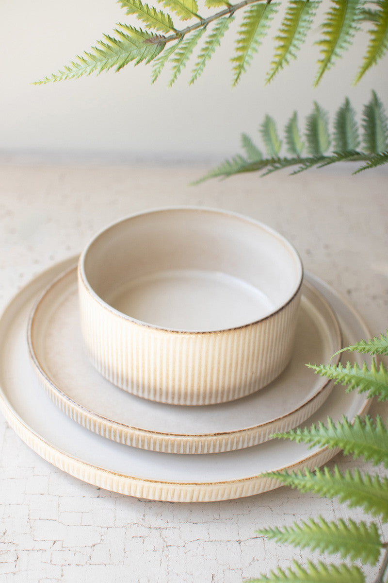 Set of 3 Ceramic Dinner Plate, Salad Plate and Bowl with Ridges