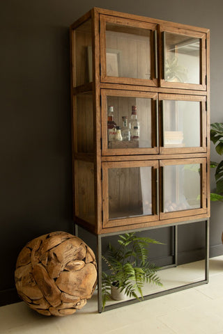 Wood And Metal Display Cabinet with Framed Glass Doors