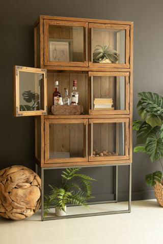 Wood And Metal Display Cabinet with Framed Glass Doors