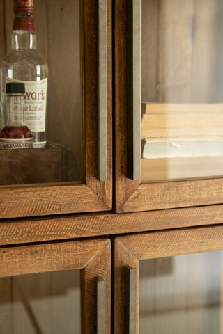 Wood And Metal Display Cabinet with Framed Glass Doors