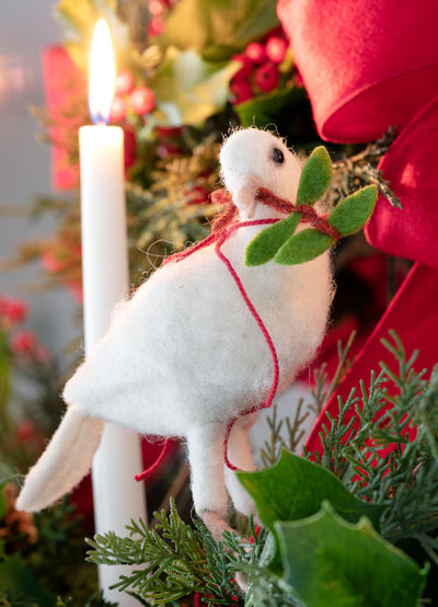 Wool White Dove with Holly Sprig