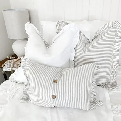 18" Pure French Linen Reversible Pillow Cover - Dove Grey Stripes and White