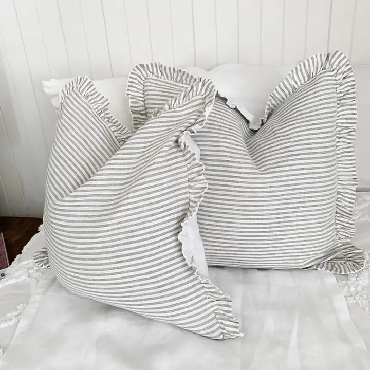 18" Pure French Linen Reversible Pillow Cover - Dove Grey Stripes and White