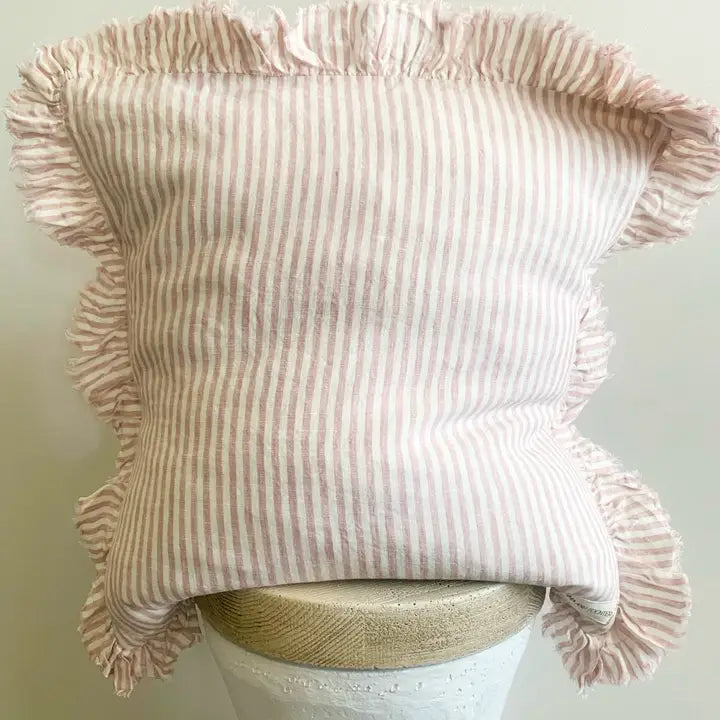 Pure French Linen Frayed Edge Ruffle Pillow Cover - Pink