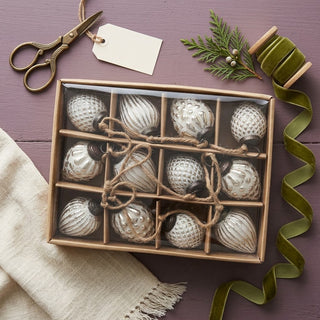 Box of 12 Mini Whitewashed Mercury Glass Round Ornaments