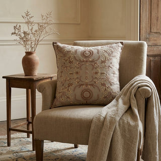 20" Taupe Linen and Brown Embroidered Floral Pillow