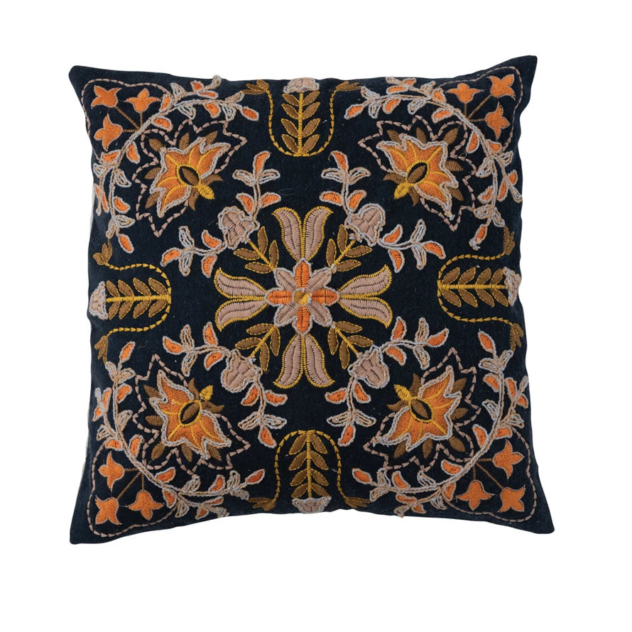 18" Embroidered Floral Pillow