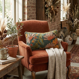 Embroidered Autumn Floral Lumbar Pillow