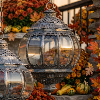 19" Frosted Silver Hanging Iron and Glass Lantern