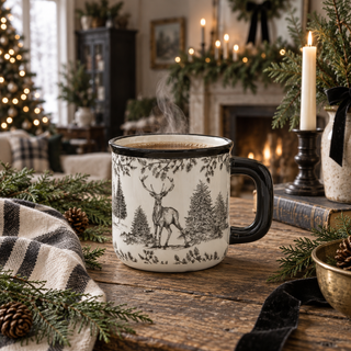 White & Black Toile Deer Mug