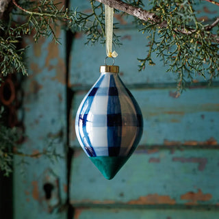 Blue Light Blue and Green and White Plaid Hand Painted Glass Finial Ornament