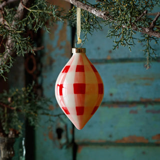 Pink, Red and White Plaid Hand Painted Glass Finial Ornament