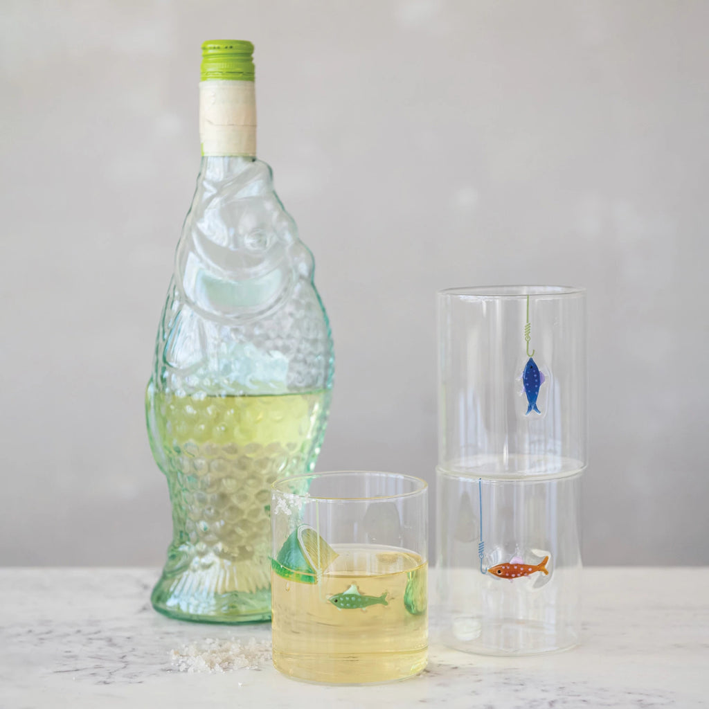 12 oz. Hand-Blown Drinking Glass with Fish On Hook - Choose Color ...