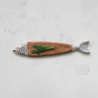 28" Wood & Cast Aluminum Fish Shaped Cheese/Serving Board
