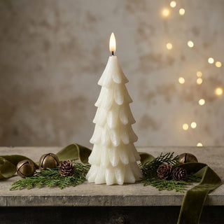 9.25" Cream Shimmer 3D Flame Alabaster Pine Tree Candle