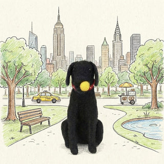 Little Felt Black Lab Dog Playing Fetch