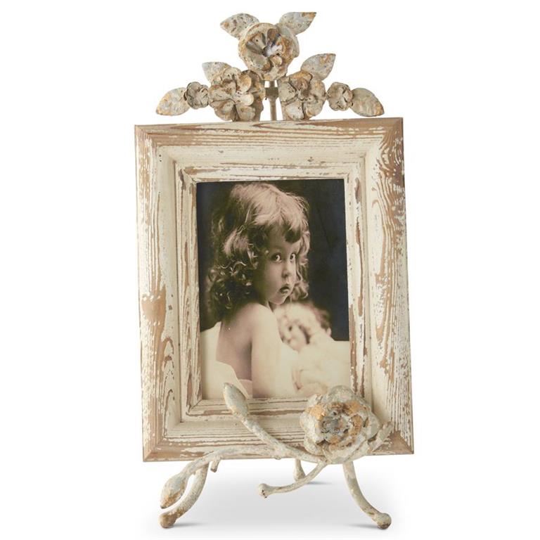 Distressed Cream Wooden Photo Frame with Metal Floral Easel Stand